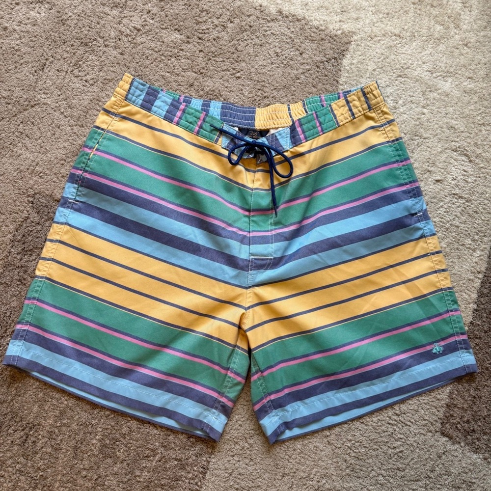 Brooks Brothers 346 Mens XL Swim Trunks Striped Board Shorts Yellow Blue Green